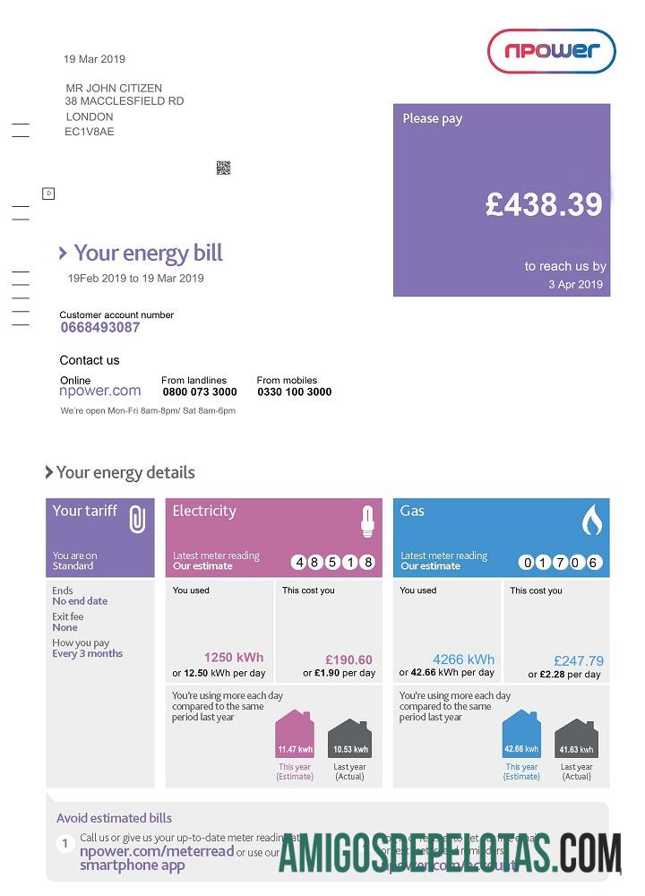 Em branco modelo de conta de serviços públicos Npower do Reino Unido, totalmente editável em formato PSD